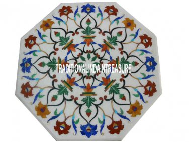 15" White Marble Coffee Corner Table Top Malachite Inlaid Marquetry Floral Decor