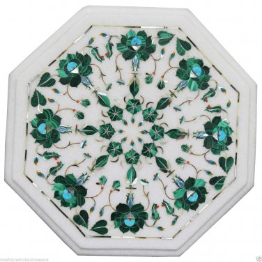 12" White Marble Coffee Table Top Malachite Inlay Mosaic Marquetry Arts Decor