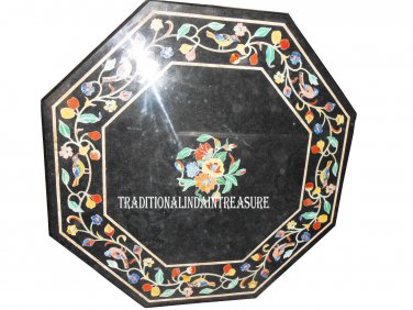15" Black Marble Coffee Table Top Marquetry Floral Inlay Art Furniture Decor