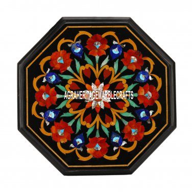12'' Marble Black Side Table Top Carnelian Stone Inlay Outdoor Mosaic Art Decor