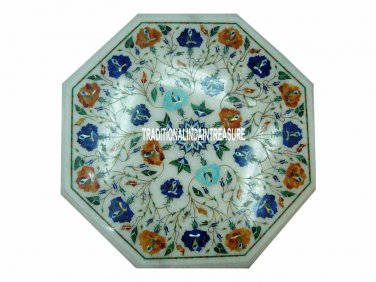 12" Marble White Coffee Table Inlay Lapis Hakik Floral Arts Mosaic Inlaid Decor