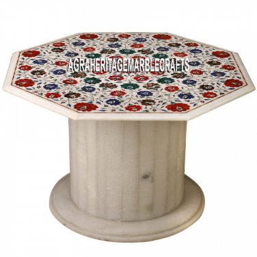 30'' Marble Coffee Table With Stand Multi Floral Stone Inlay Decor Mosaic Arts