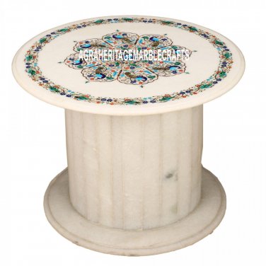 24'' White Marble Center Table With Stand Marquetry Garden Decor Mosaic Decor