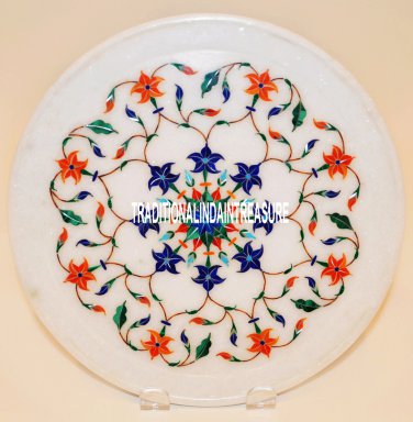 12" White Marble Round Dish Plate Hakik Stone Inlay Decor Marquetry Home Arts