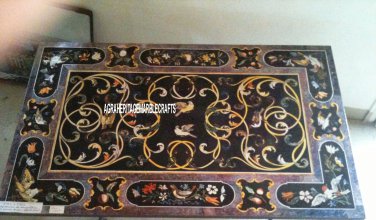4'x2' Black Dining Marble Garden Table Top Rare Stone Inlay Marquetry Work Decor