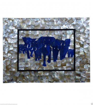 Rectangular Dining Marble Top Elephant Lapis Lazuli Mother of Pearl Decor Art