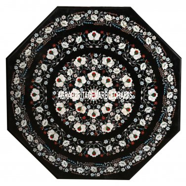 42'' Black Marble Dining Table Mother of Pearl Inlay Patio Decor Marquetry Arts