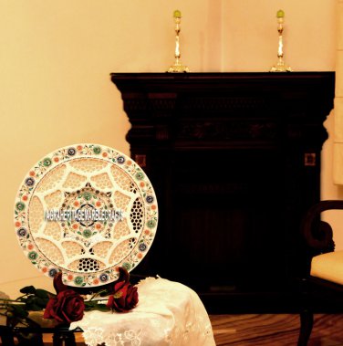 16'' White Marble Serving Plate Filigree Work Marquetry Inlay Dining Table Decor
