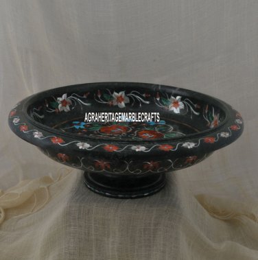 11'' Black Marble Dry Fruit Bowl Inlay Rare Stone Collectible Gifts Home Decor