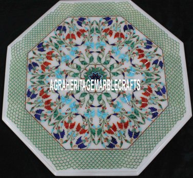 15'' White Marble Coffee Table Top Multi Stone Inlay Marquetry Best Home Decor