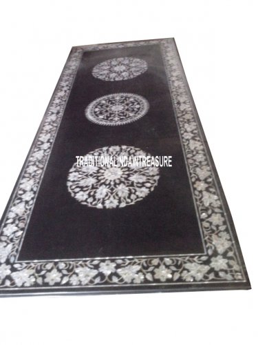 2.5'x5' Black Marble Top Dining Table Mother of Pearl Inlay Outdoor Mosaic Decor