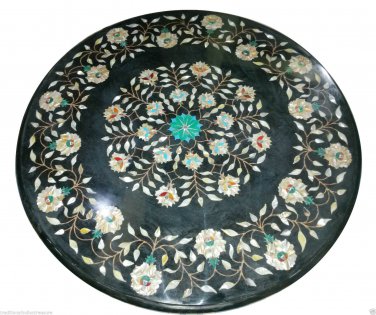 36'' Black Marble Dining Table Top Rare Inlay Floral Ornate Mosaic Decor H925B
