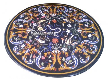 36" Black Marble Round Dining Room Table Rare Mosaic Inlaid Art Kitchen Decor