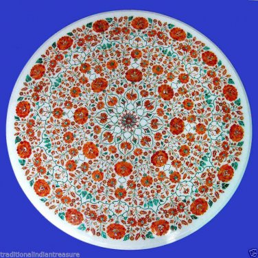 36" Marble Round Marquetry Dining Table Top Real Carnelian Gems Inlay Home Decor