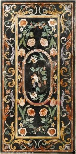 6'x3' Black Marble Dining Table Top Rare Mosaic Bird Inlay Handmade Patio Decor