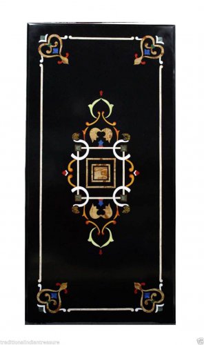 3'x2' Rectangular Black Console Marble Table Top Handmade Pietra Dura Marquetry