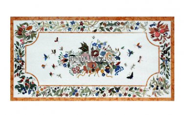 6'x3' Marble White Marquetry Dining Table Top Malachite Inlay Furniture Art Deco