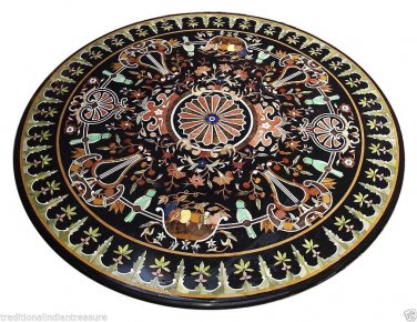 48" Black Marble Dining Round Table Top Rare Mosaic Inlay New Year Garden Party