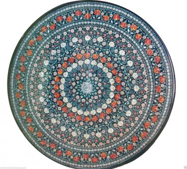 4'x4' Black Round Marble Dining Table Carnelian Mosaic Top Multi Art Decor H938A