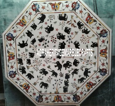 36" White Marble Octagon Dining Mosaic Table Top Elephant Arts Inlay Gifts Decor
