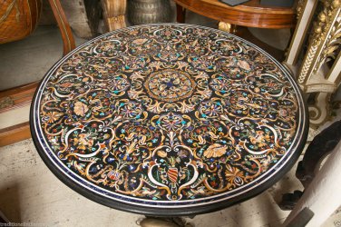 54" Black Marble Real Coffee Dining Table Top PietraDura Inlay Collectible Decor