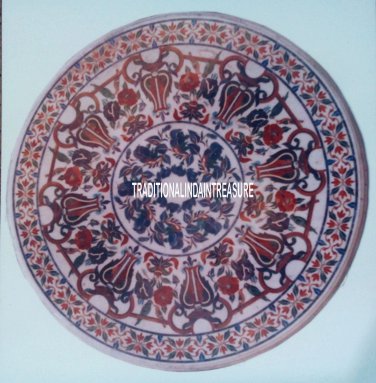 36" White Marble Outdoor Dining Table Top Marquetry Inlay Pietradure Garden Arts