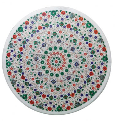 36" White Marble Dining Table Top Malachite Hakik Inlay Multi Mosaic Patio Decor