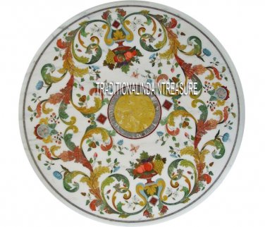 30" White Marble Side Table Top Mosaic Hakik Inlay Stone Decorative Stunning Art