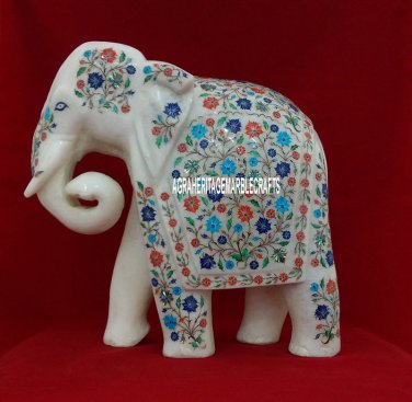 13'' Marble White Elephant Rare Stone Multi Pietadura Floral Art Beautiful Gifts