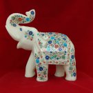 13'' Marble White Elephant Trunk Up Rare Stone Multi Floral Arts Beautiful Gifts