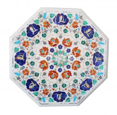 18" Marble Center Table Top Semi Precious Multi Stone Inlay Garden Mosaic Decor