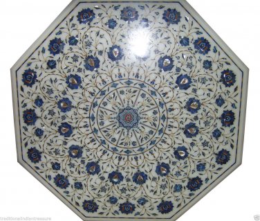 30" White Marble Coffee Table Top Lapis Lazuli Inlay Marquetry Collectible Decor