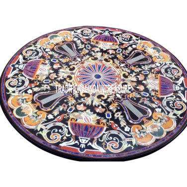 48" Black Marble Top Dining Table Lapis Gems Inlay Living Room Mosaic Home Decor