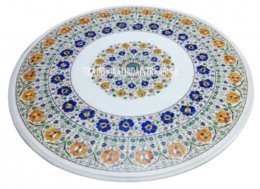 30" White Marble Round Coffee Table Top Multi Stone Inlay Micro Mosaic Art Decor