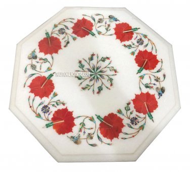 15" White Marble Coffee Table Top Rare Coral Gem Mosaic Work Art Inlay Art Decor