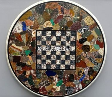 30'' White Round Marble Coffee Table Tops Mosaic Semi Precious Inlaid Home Decor