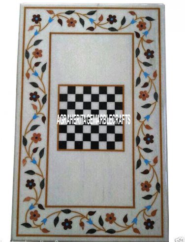 4'x2' White Marble Chess Board Dining Table Inlay Play Game Marquetry Floral Art
