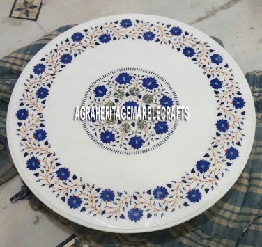24" Round White Marble Coffee Table Top Lapis Marquetry Inlay Furniture Art Deco