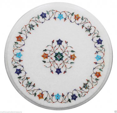 12" White Marble Center Table Top Marquetry Semi Precious Inlay Work Decorative