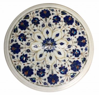 15" White Marble Round Side Table Top Real Lapis Gemstone Inlay Mosaic Art Decor
