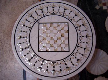 30" White Marble Table Top Chess Design Mother of Pearl Inlaid Patio Decor Art