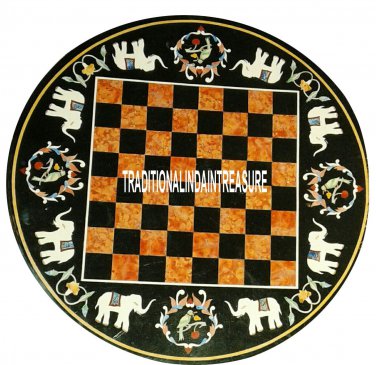 18'' Black Marble Coffee Table Chess Board Hakik Mosaic Inlaid Furniture Decor