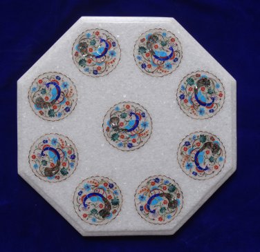 18" White Marble Table Top Mosaic Dancing Peacock Inlay Marquetry Furniture Art