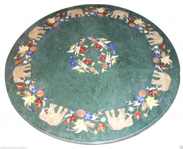 30" Green Round Marble Table Sets Lapis Lazuli Marquetry Inlay Elephant Decor