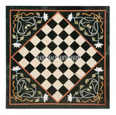 24" Black Marble Coffee Chess Table Top Marquetry Inlay Home Patio Decorative
