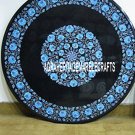 36" Black Marble Round Center Dining Table Turquoise Inlaid Outdoor Patio Decor