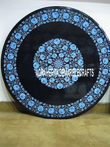 36" Black Marble Round Center Dining Table Turquoise Inlaid Outdoor Patio Decor