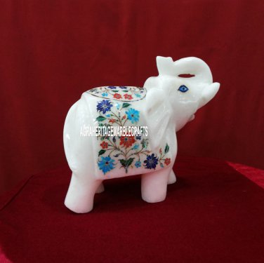 8'' Marble Elephant Trunk up Multi Floral Art Semi Precious Decor Handmade Gifts