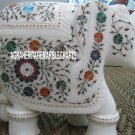 8'' White Marble Elephant Trunk Up Statue Marquetry Work Handmade Inlaid Decor