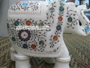 8'' White Marble Elephant Trunk Up Statue Marquetry Work Handmade Inlaid Decor